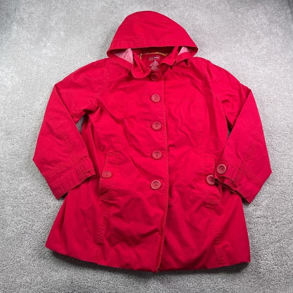LL Bean Jacket Womens Large Red Canvas Hooded Button Front Lined Chore Parka